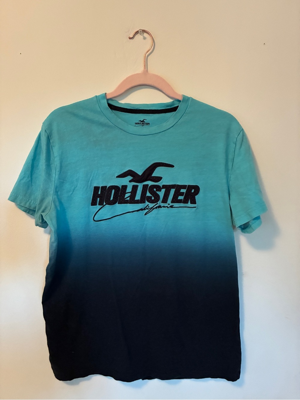 Hollister Teal to Black Ombre Logo Short Sleeve Tee